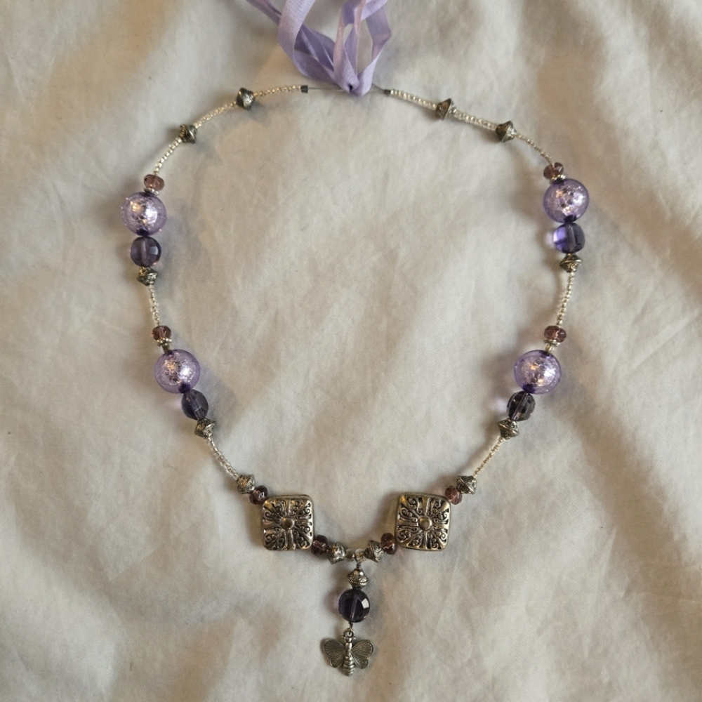 Handmade Butterfly Charm Beaded necklace silver & lavender beads purple ribbon